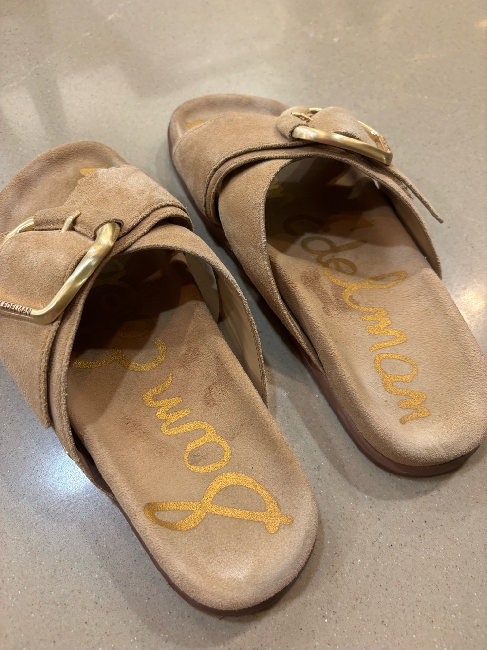 Sam Edelman Beige Suede Buckle Crossover Slide Sandals - Picture 3 of 3